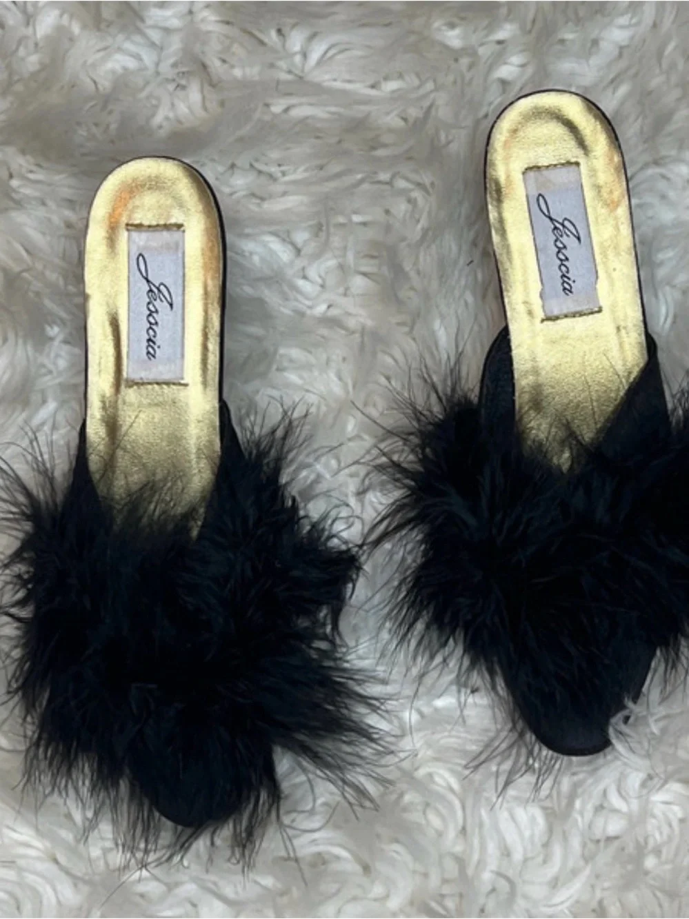 VTG Jessica Black Feather Kitten heel Sandals with Gold Insole